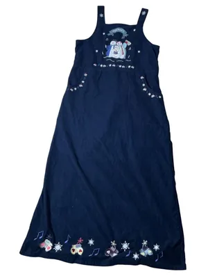 Christopher & Banks Vintage Snowman Corduroy Jumper Dress Womens M Navy Holiday thumbnail 1