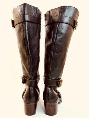 Isola Dark Brown Leather Riding Boots, Stacked Heels, Brass Buckles, size 9.5 thumbnail 4