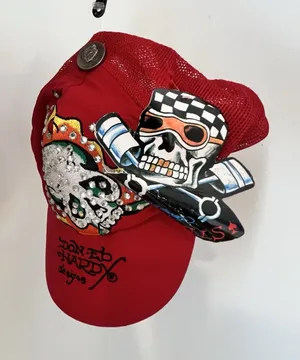 NWT Ed Hardy Red Skull With Fire Flames Rhinestone SnapBack Trucker‎ Hat Edgy thumbnail 1