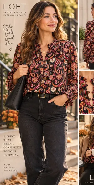 LOFT Paisley Ruffle Neck Long Sleeve Blouse Black Pink Boho Women’s Small thumbnail 1