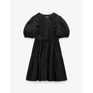 Zara Black Puff Sleeve Open Back Cocktail A Line Tiered Mini Dress Size XS thumbnail 9