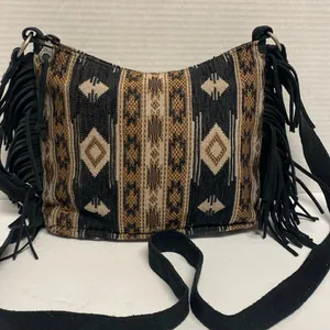 Baja Western Jacquard Boho chic Suede Fringe Crossbody Bag thumbnail 1