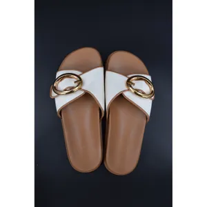 Steve Madden Slide Sandals Womens White Tan Gold Buckle Size 9.5 Canvas Slip thumbnail 5