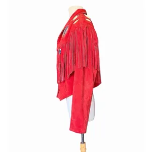 Vintage Red Suede Fringe Jacket Eagle Beaded Western Southwestern Women’s Large thumbnail 11