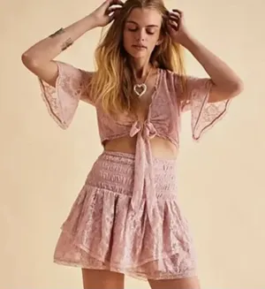 Free People Lala Dawn Rose Pink Lace Mini Dress Cutout Tie Front Size Large NWT thumbnail 1
