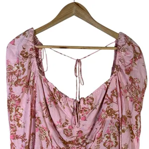 Free People Hilary Printed Top Womens M Pink Floral Ruched Puff Sleeve Smocked thumbnail 4
