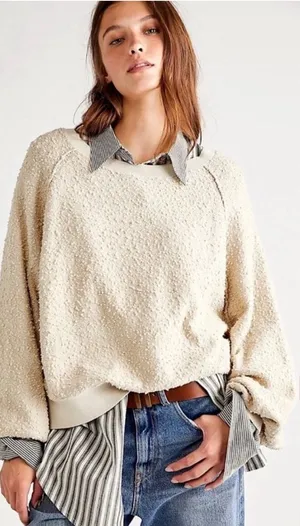 Free People Boucle Found My Friend ivory cream cotton oversized sweater size S thumbnail 1
