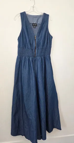 Step In Style Blue Denim Maxi Dress Culottes Wide Leg Smocked Plus Size 2X thumbnail 1