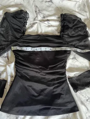 Francesca's Black Sheer Puff Sleeve Ruched Top thumbnail 5