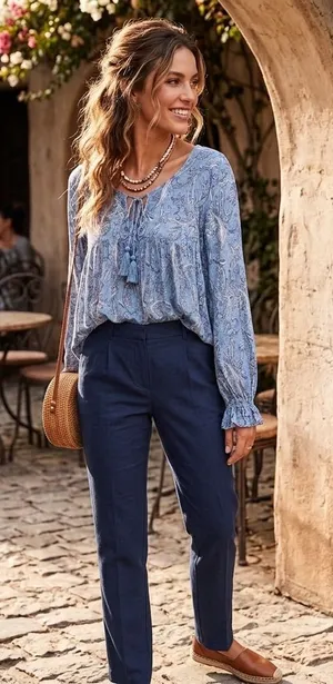 Vici Eminah Blue Paisley Front Tassel Tie Peasant Top Size Medium. thumbnail 1