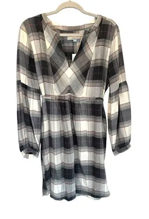 Loft Plaid Button Popover Long Sleeve Swing‎ Shirt Dress Size Medium Belt thumbnail 1