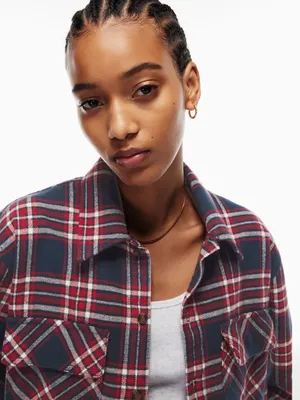 Aritzia TNA Oversized Fit Red Plaid Shirt Flannel Button Up Top Women's Size S thumbnail 4