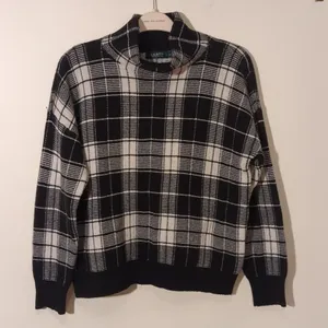 Lauren Ralph Lauren Sz Large Black White Plaid High Mock Neck Pullover Sweater thumbnail 3