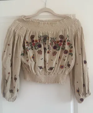 Embroidered off the shoulder top Tan thumbnail 1
