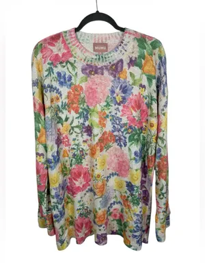 Show Me Your Mumu Sue Cuffed Tunic Sweater M Ivory‎ Botanical Floral Knit thumbnail 3