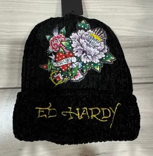 NWT Ed Hardy black knit beanie hat featuring a floral tattoo graphic and the "Ed thumbnail 1
