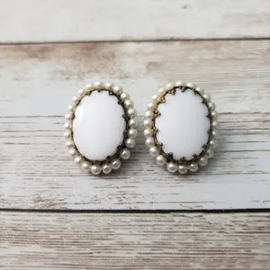 Vintage Clip On Earrings - White Oval with Faux Pearl Halo thumbnail 1