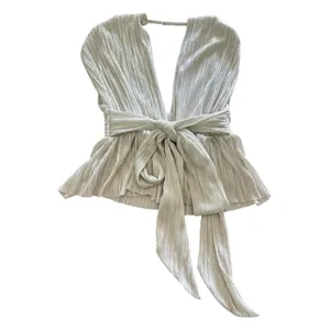 Sabina Musayev Shelby Top Large White Silver Metallic Plisse Deep V-Neck Tie Bow thumbnail 7