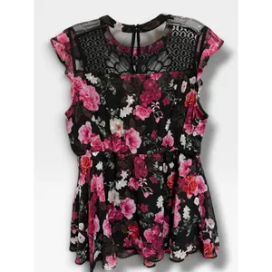Torrid Peplum Chiffon Clip Dot Crochet Top 00 M/L 10 Black Floral thumbnail 7