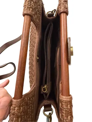 Fossil 75082 Brown Woven Raffia Tote Wood Handle Crossbody Bag One Size Women's thumbnail 12