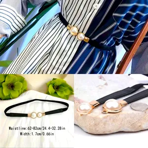 Thin Double Faux Pearl Buckle Solid Color PU Leather‎ Waist Thin Belt One Size thumbnail 2