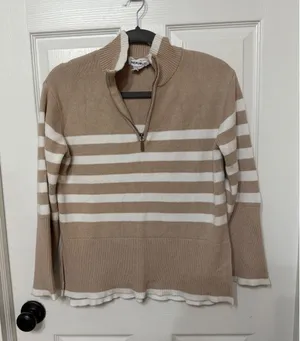 For The Republic Tan‎ White Striped Quarter Zip Mock Neck Sweater Small thumbnail 1