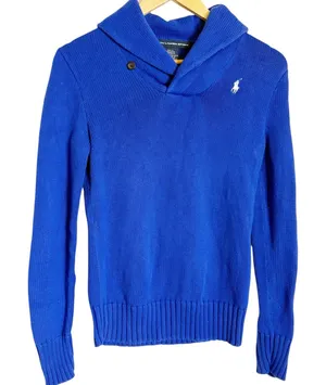 Ralph Lauren Sport Blue Cotton Knit Shawl Collar Long Sleeve Preppy Sweater S thumbnail 1