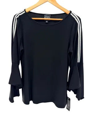 Coco Bianco Black Top M Rhinestone Sporty Stripe Flared Bell Sleeve Blouse NWT thumbnail 1