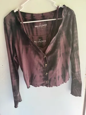 Wall Flower purple and black tie-dye ribbed cami and button-front cardigan matching set thumbnail 1