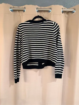 SHEIN Black & White Striped Crewneck Pearl Button Cardigan thumbnail 2