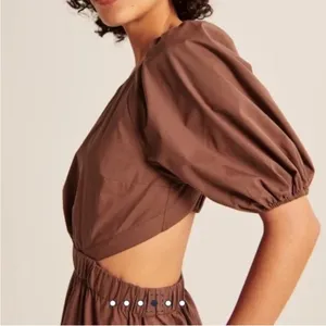 Abercrombie & Fitch Cut Out Puff Sleeve Midi Dress Brown Sz Medium thumbnail 3