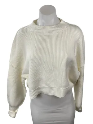 Free People Women's White Cream Ribbed Knit Mock Neck Cropped Sweater Top Sz XS thumbnail 1