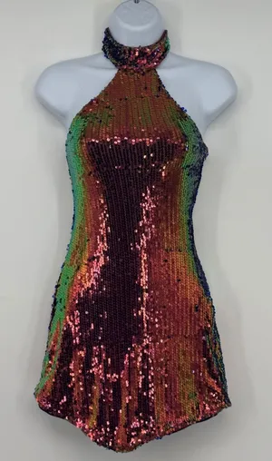 Current Mood Dolls Kill Sequin‎ Halter Mini Dress Iridescent Purple Green XS thumbnail 1