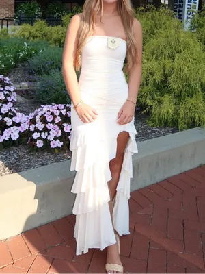 Oh Polly Ivory Strapless Bandeau Ruched Ruffle-Trim Maxi Dress thumbnail 4