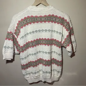 Vintage Textured Scoop Neck Sweater - White with Pink & Sage Pattern thumbnail 2