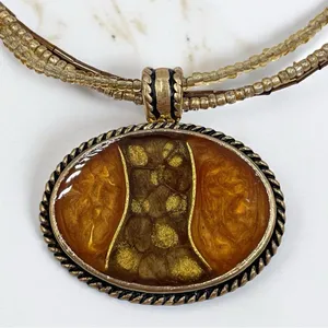 Vintage 90s Kenneth Cole Amber Oval Pendant Beaded Strand Necklace Boho Gemstone thumbnail 1