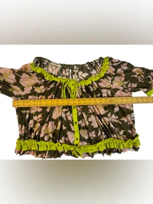 Free People Floral Drawstring V-Neck Crop Top in Olive & Pink thumbnail 7