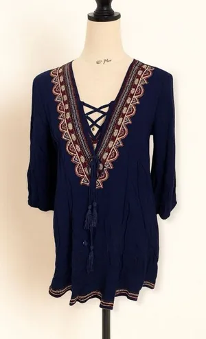 Forever 21 Navy Boho Embroidered Tunic Blouse – Lace-Up Front Top, Size L thumbnail 1