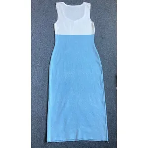 Knit Color Block Midi Dress White Blue‎ Sweetheart Neck Sleeveless Sheath Dress thumbnail 4