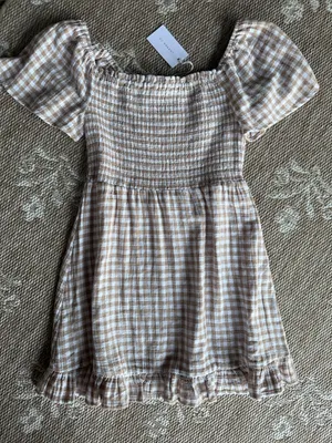 NWT Ghanda Co Smocked Gingham Off-Shoulder Dress in Beige 579-WN11 thumbnail 1