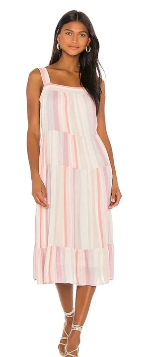 Rails Amaya‎ Juliette Stripe Tiered Linen Blend Midi Dress Pink Purple Medium thumbnail 1
