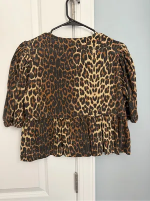 Leopard-Print Tie-Front Peplum Blouse in Tan & Black thumbnail 6