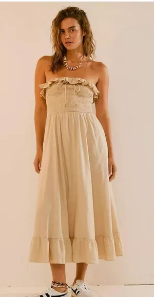 Free People Lush Life Linen Strapless Midi Dress Bleached Sand size medium thumbnail 1