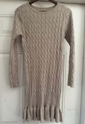 Beige Cable Knit Ruffle Hem Long Sleeve Sweater Dress thumbnail 1