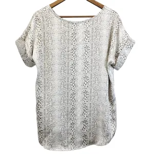 Entro Womens M Satiny Short Sleeve‎ Animal Print Top Shirt Taupe Cream Boho thumbnail 13