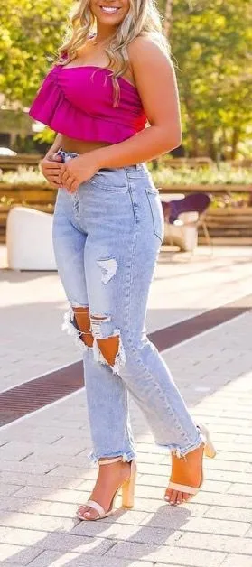 Boutique Ruffled pink crop top thumbnail 1