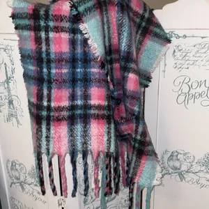 Betsey Johnson fuchsia turquoise black plaid blanket scarf NWOT thumbnail 4