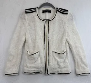 The Kooples Ivory Boucle Blazer‎ Size 38/M Open Front Black Trim Pockets thumbnail 1