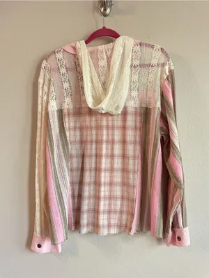 POL Patchwork Plaid LaceRelaxed Hooded Shirt Jacket Size Small thumbnail 7