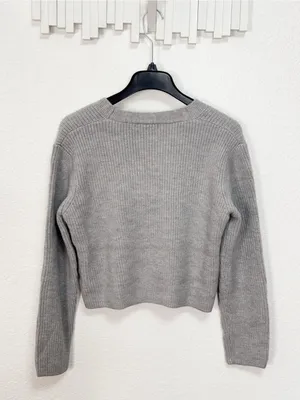 Miss Sparkling Gray Cropped Cardigan with Removable Black Velvet Bow Pin thumbnail 6